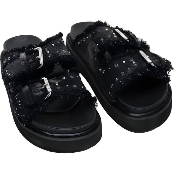 Nine West Eleny Platform Frayed Buckle Slide Sandals Black US 8.5M - Picture 1 of 6